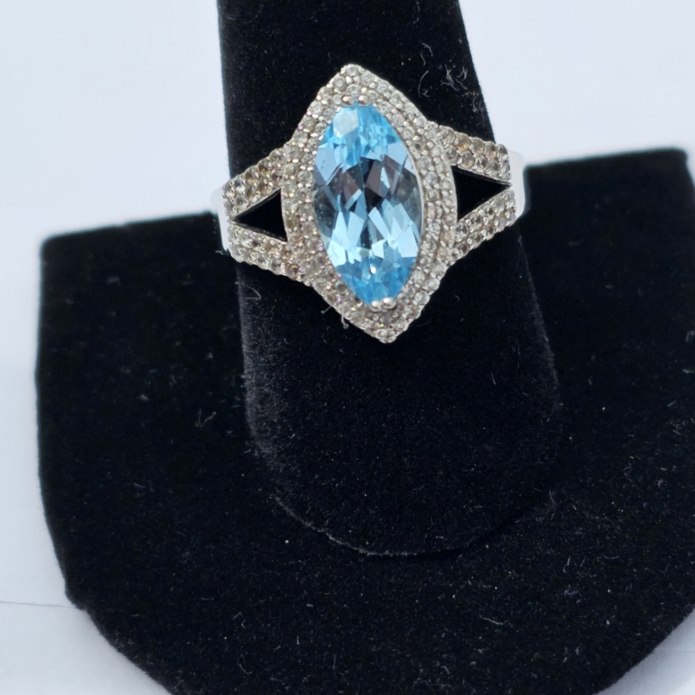 Vintage Sky Blue Topaz and White Zircon Sterling Silver Ring Size 10 - Picture 7 of 16